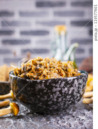 Mushroom pate in a bowl with toast Mushroom pate in a bowl with toast 119577601