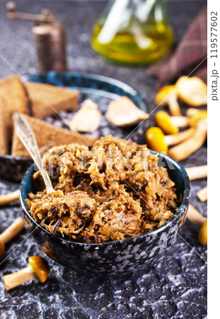 Mushroom pate in a bowl with toast Mushroom pate in a bowl with toast 119577602