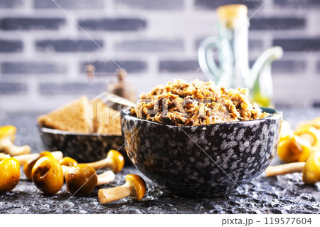 Mushroom pate in a bowl with toast 119577604