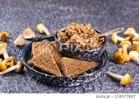 Mushroom pate in a bowl with toast 119577607