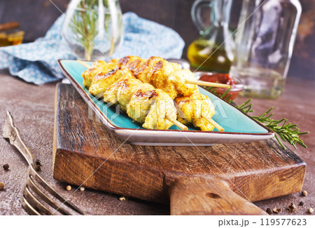 Chicken grilled kebab with rosemary oil and spice 119577623