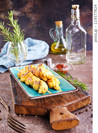 Chicken grilled kebab with rosemary oil and spice 119577624