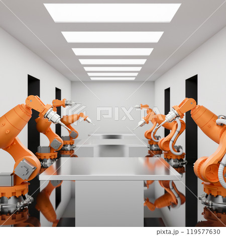 A space for displaying products on a metallic table surface with robotic arms. A space for displaying products on a metallic table surface with robotic arms. 119577630