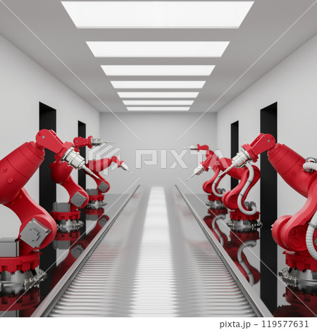 Red robotic assembly arms in a production line over a conveyor belts in a modern factory. 119577631