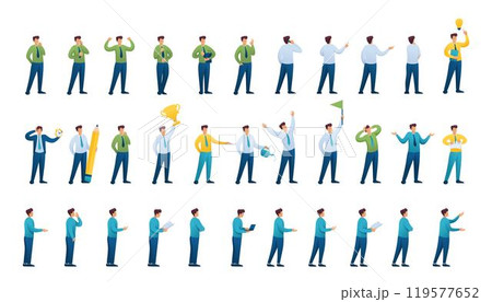 Set of poses and actions of a young businessman, a winning businessman, a business idea, a businessman in a panic 119577652