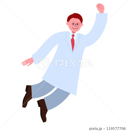 空を飛ぶ(空中を浮遊する)白衣を着たメガネの男性が拳を突き上げている全身のイラスト 空を飛ぶ(空中を浮遊する)白衣を着たメガネの男性が拳を突き上げている全身のイラスト 119577706