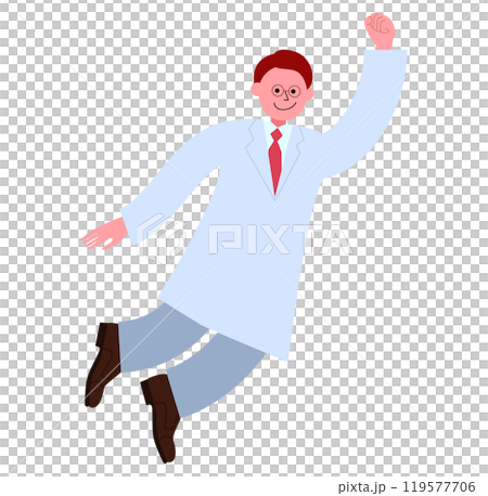 戴著眼鏡、穿著白大褂的男子在天空中飛翔(飄在空中)舉起拳頭的全身插畫 戴著眼鏡、穿著白大褂的男子在天空中飛翔(飄在空中)舉起拳頭的全身插畫 119577706