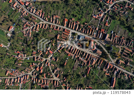 Aerial view of streets of Rimetea, Torocko village in Transylvania, Romania 119578043