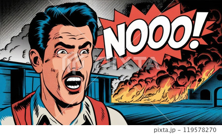 Pop art poster of terrified man screaming NO with a burning city in the background. Comic book style 119578270