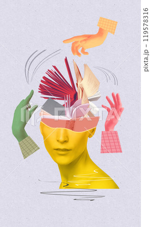 Head with books as a metaphor for education. Art collage or design. Creative idea symbol. Mental Health, thinking, psychology, education, intellectual development concept 119578316