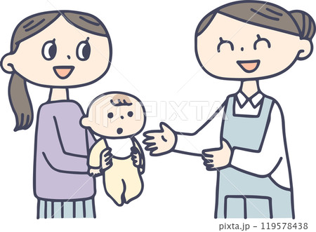 赤ちゃんを預けるお母さんと保育士 赤ちゃんを預けるお母さんと保育士 119578438