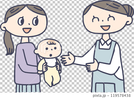 赤ちゃんを預けるお母さんと保育士 赤ちゃんを預けるお母さんと保育士 119578438