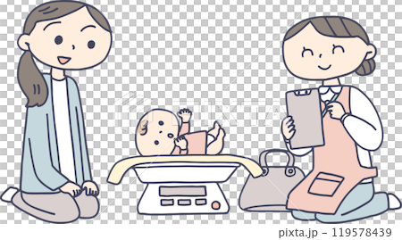 新生児訪問で体重を測る保育士 119578439