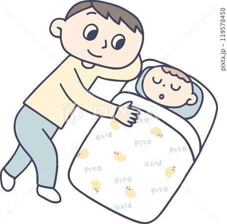 赤ちゃんの寝かしつけをするお父さん 119578450