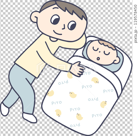 赤ちゃんの寝かしつけをするお父さん 119578450