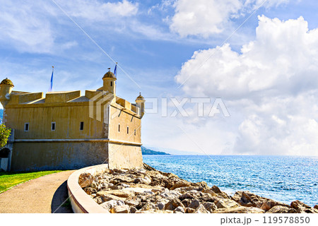 Image of the Bastion Museum, a work by Jean Cocteau, in the harbour of Menton, French Riviera, France Image of the Bastion Museum, a work by Jean Cocteau, in the harbour of Menton, French Riviera, France 119578850