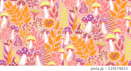 Half Drop Seamless Pattern of Stylized Mushrooms and Foliage in Orange, Purple, Coral, Yellow and White on Peach Pink Background. Design for Textiles, Fabrics, Fashion Prints, Wrappings, Covers. 119579023
