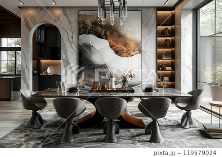Large modern dining room with a marble table and chairs 119579024