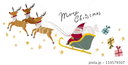 星空をソリで走るサンタクロースのイラストとメリークリスマスの手書き文字 119579307