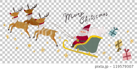 星空をソリで走るサンタクロースのイラストとメリークリスマスの手書き文字 119579307