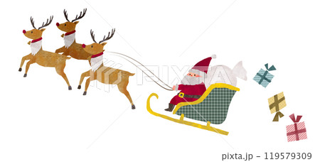 クリスマスプレゼントを落としながらソリを走らせるサンタクロースのイラスト 119579309