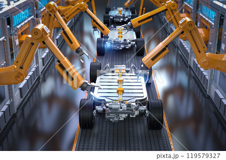Robot assembly line with ev car battery on undercarriage platform 119579327