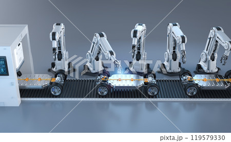 Robot assembly line with ev car battery on undercarriage platform Robot assembly line with ev car battery on undercarriage platform 119579330
