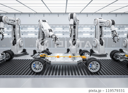 Robot assembly line with ev car battery on undercarriage platform 119579331