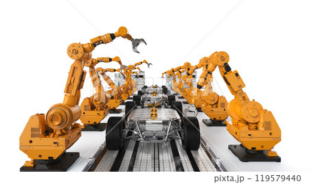 Robot assembly line with ev car battery on undercarriage platform Robot assembly line with ev car battery on undercarriage platform 119579440