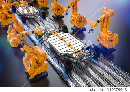 Robot assembly line with ev car battery on undercarriage platform Robot assembly line with ev car battery on undercarriage platform 119579448