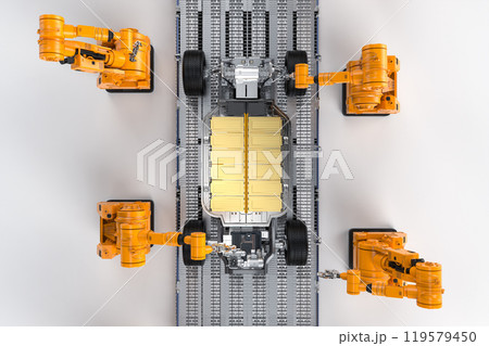 Robot assembly line with golden ev car battery on undercarriage platform Robot assembly line with golden ev car battery on undercarriage platform 119579450