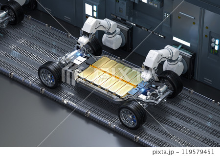 Robot assembly line with golden ev car battery on undercarriage platform 119579451
