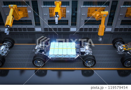Robot assembly line with glowing ev car battery on undercarriage platform Robot assembly line with glowing ev car battery on undercarriage platform 119579454