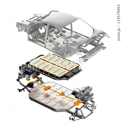 Explode view of golden electric vehicle battery with car frame Explode view of golden electric vehicle battery with car frame 119579463