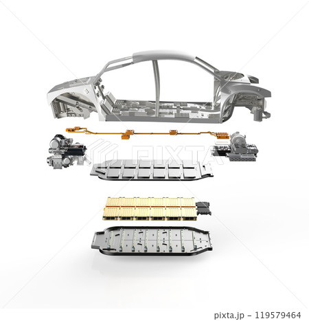 Explode view of golden electric vehicle battery with car frame Explode view of golden electric vehicle battery with car frame 119579464