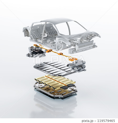 Explode view of golden electric vehicle battery with car frame Explode view of golden electric vehicle battery with car frame 119579465