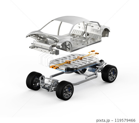 Explode view of golden electric vehicle battery with car frame 119579466
