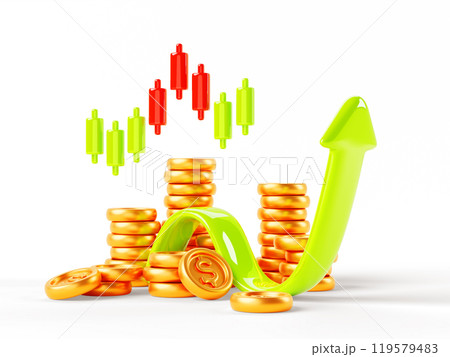 3d green curve arrow up with gold coin stacks and chart, data graph. Financial business success, money increase, sales and profit growth, exchange rate and trade, investment, deposit. 3D illustration 119579483