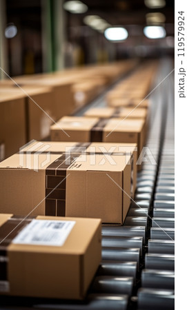 Cardboard boxes parcels on a conveyor belt, transport goods delivery and logistics, logistics warehouse 119579924