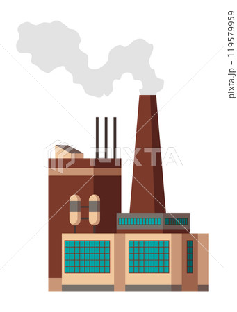 Factory industrial. Manufactory industrial building refinery factory or nuclear power station. Complex of chemical plant buildings isolated on white background 119579959