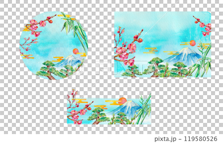 水彩畫的松、竹、梅和富士山背景 水彩畫的松、竹、梅和富士山背景 119580526