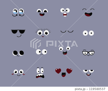 Face emotions, comic expressions, cute crazy eyes collection isolated. Doodle smiley mood comic design elements. Emotional comic face with eyes, mouths, tongue and teeth. 119580537