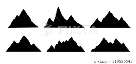 Mountain ridge, snowy peak, line wild nature. Hand drawn landscape, map line contour. Rocky mountains landscape design, icon. 119580545