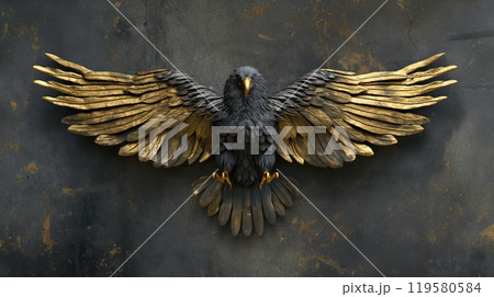 Black and golden eagle on grunge wall background. Generative AI 119580584