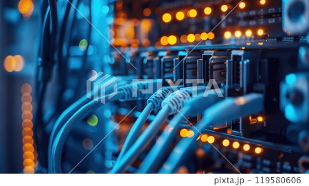 Wires connectors and patch panels in a network data center. Generative AI 119580606