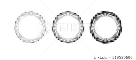 Circle scalloped frame. Scalloped edge round shape border. Simple label and sticker form. Flower silhouette lace frame. Vector illustration isolated on white background 119580690