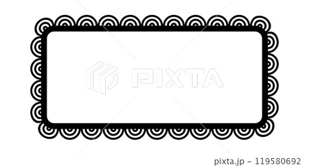 Scalloped edge square frame. Simple rectangle scalloped border. Fabric lace pattern frame. Repeat cute vintage frill ornament. Texture ribbon. Vector illustration isolated on white background Scalloped edge square frame. Simple rectangle scalloped border. Fabric lace pattern frame. Repeat cute vintage frill ornament. Texture ribbon. Vector illustration isolated on white background 119580692
