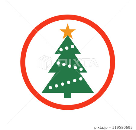 Christmas tree and prohibited circle sign. Christmas celebrating forbidden icon. Xmas ban symbol. Vector illustration isolated on white background 119580693
