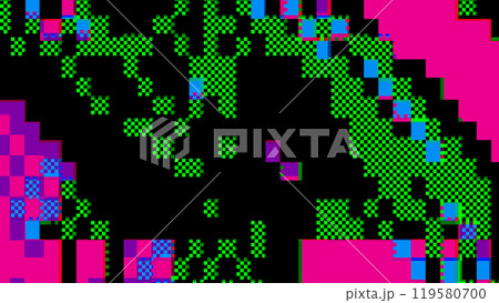Abstract glitch art with pixelated green and pink patterns on black background Abstract glitch art with pixelated green and pink patterns on black background 119580700