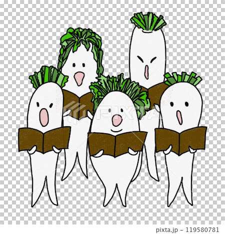 A choir of anthropomorphic radishes on a colorful background 119580781